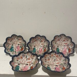 Five Japanese Handcrafted Floral Scalloped Edge Ceramic Bowls